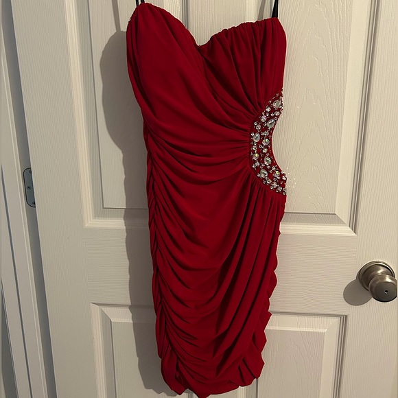 B Darlin Dresses & Skirts - Red strapless, jewel cutout dress, all over ruching